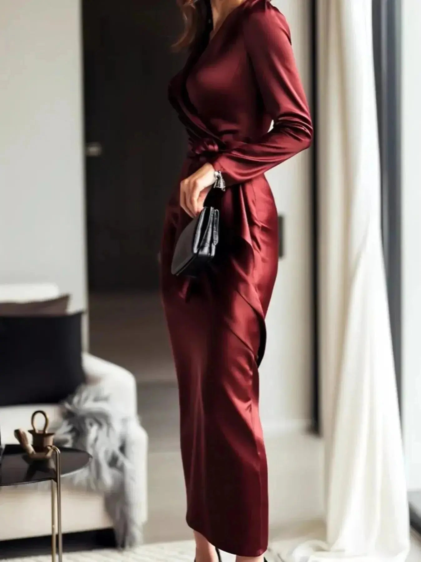 Satin Wrap Long Sleeve Midi Dress - DaisyDrop 