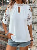 Lace Mock Neck Cold Shoulder Blouse - DaisyDrop 