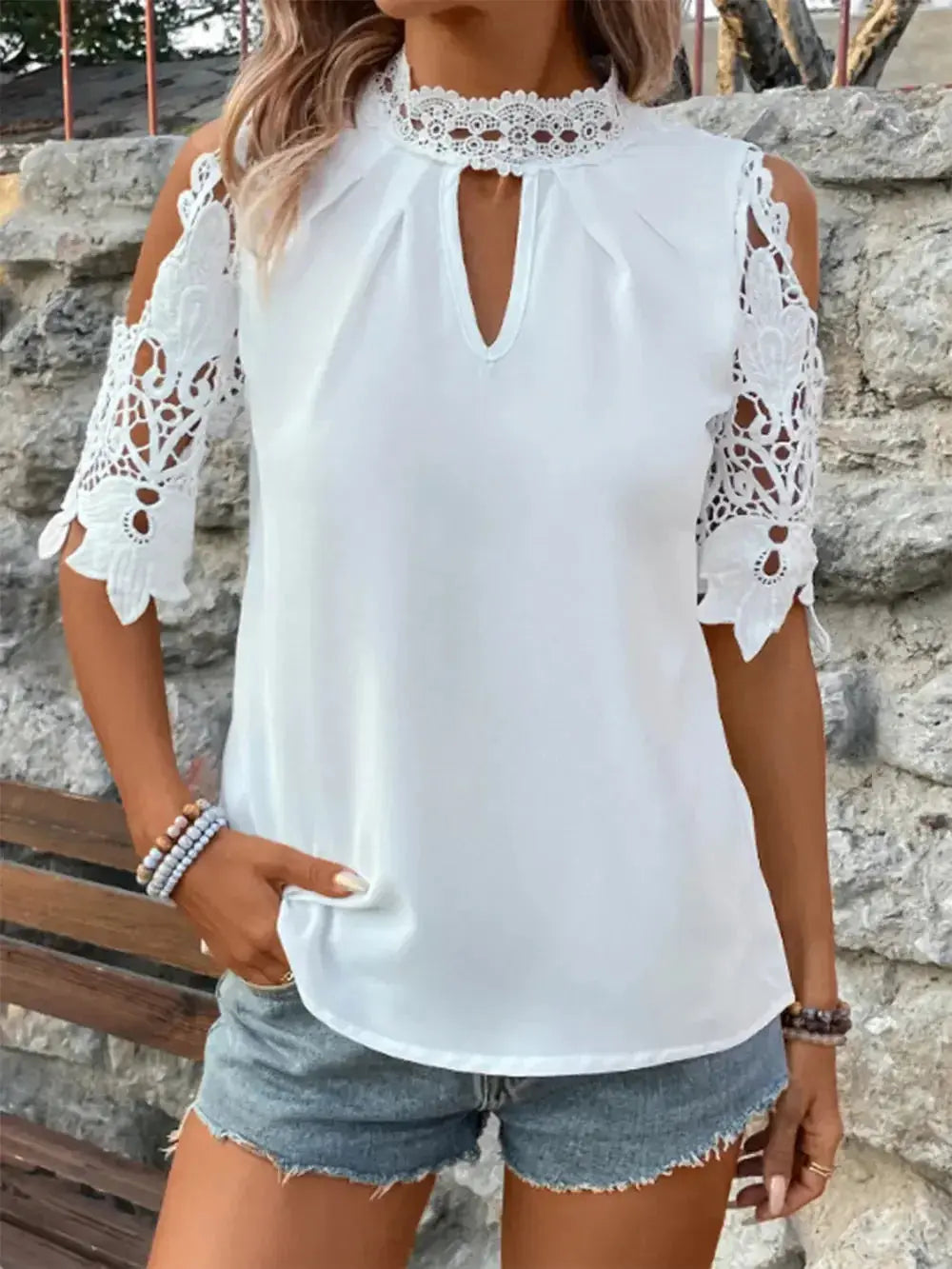 Lace Mock Neck Cold Shoulder Blouse - DaisyDrop 