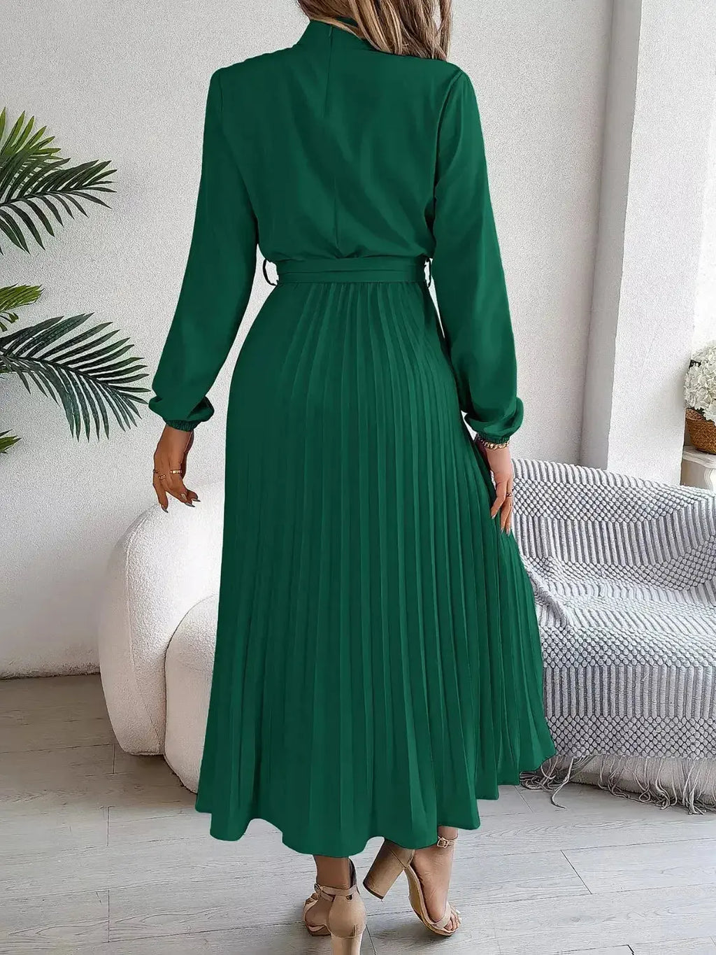 Mock Neck Pleated Midi Dress - DaisyDrop 