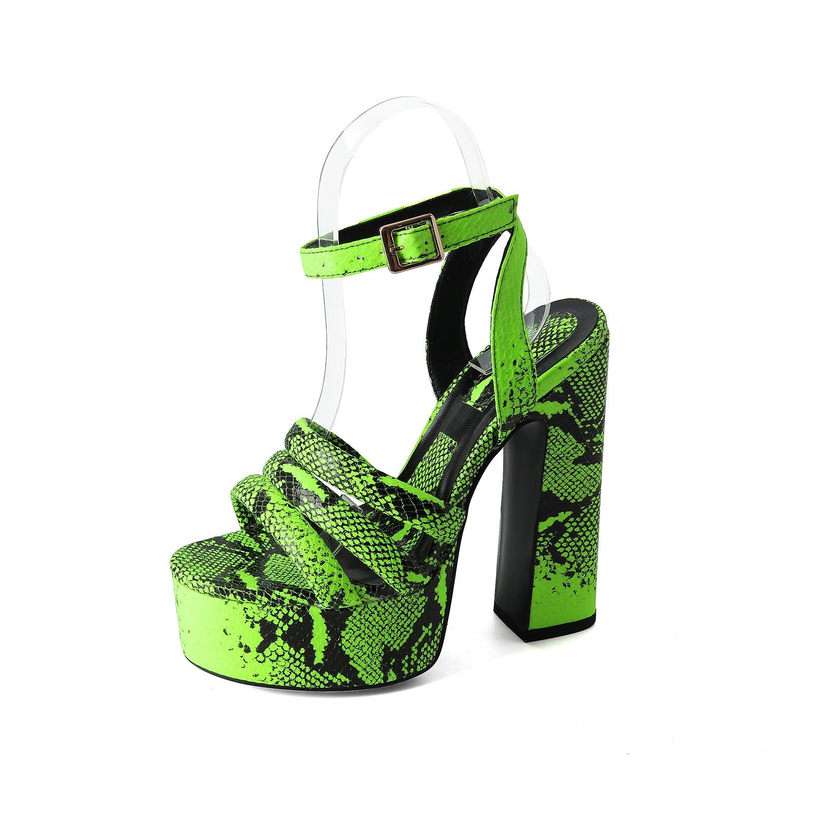 Round toe button strap with exposed toe snake pattern thick heel