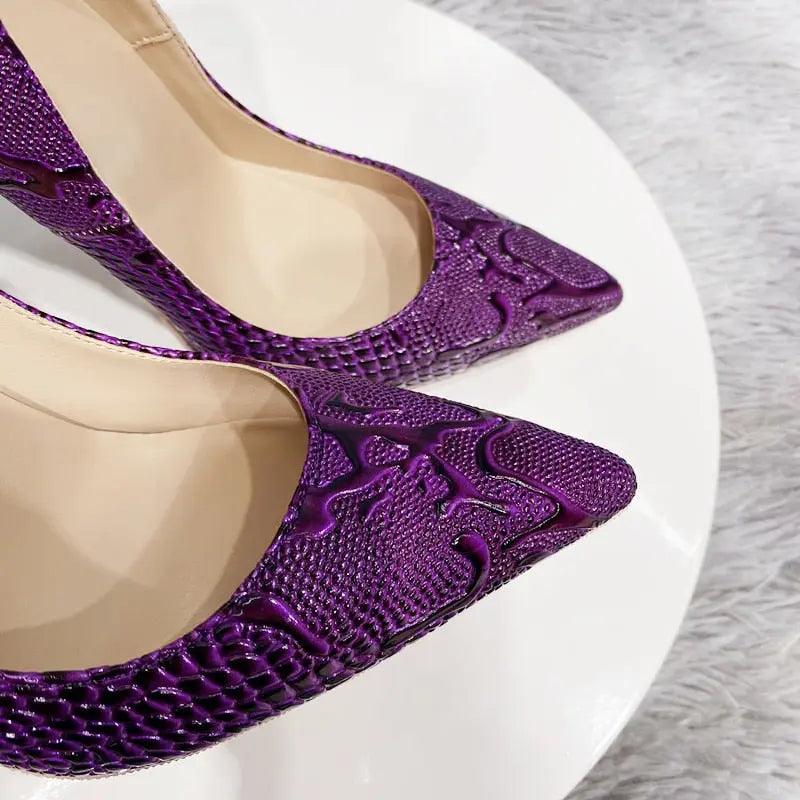 Tikicup Purple Embossed Women's Crocodile Effect Pointy Toe eprolo