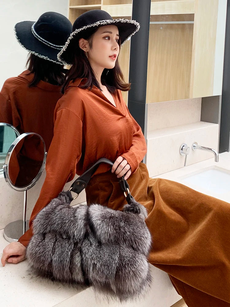 Women Winter Real Fox Fur Luxury Handbag