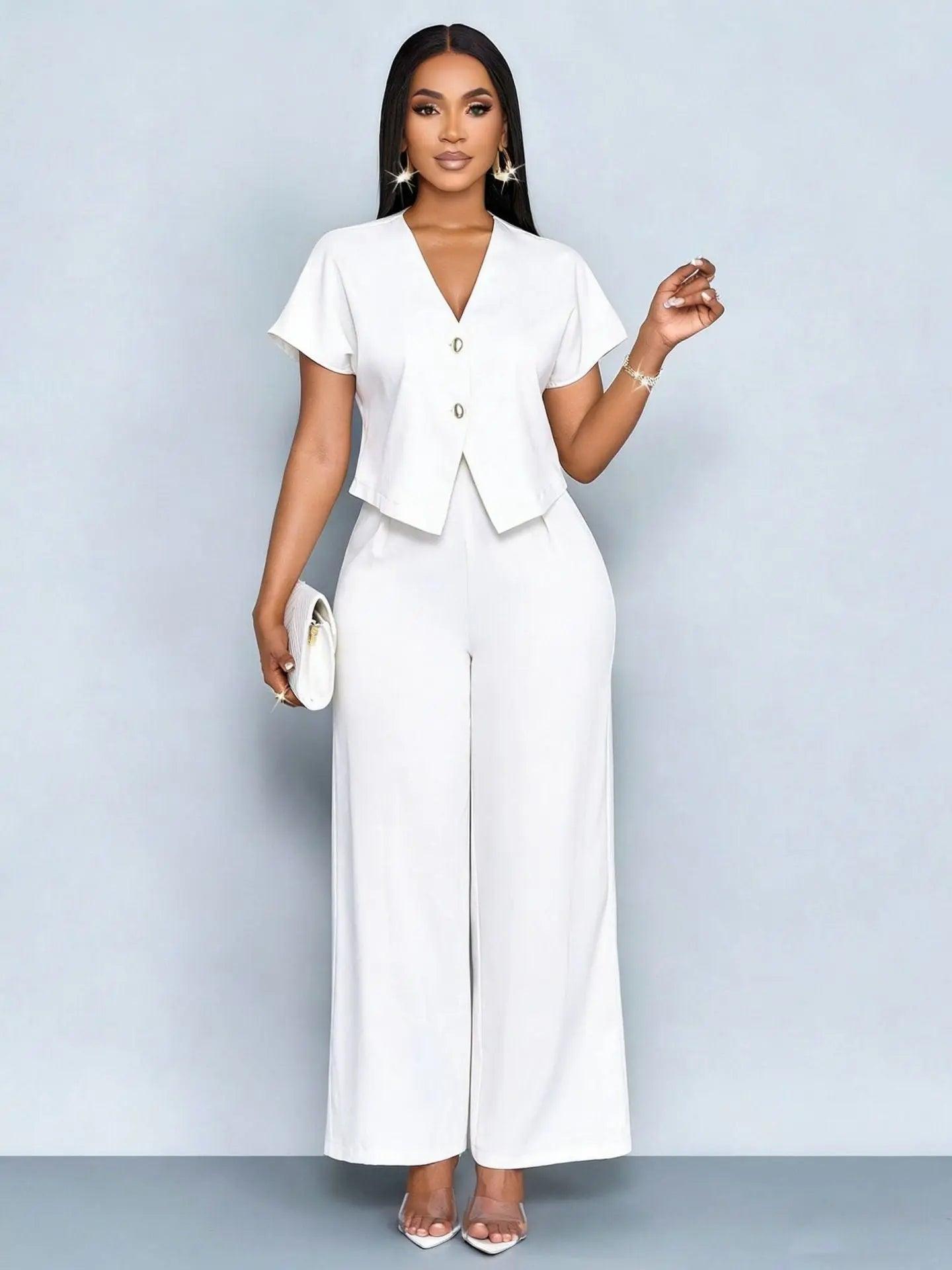 Two-Piece  Short Sleeve V-Neck Wide Leg Pants Set eprolo