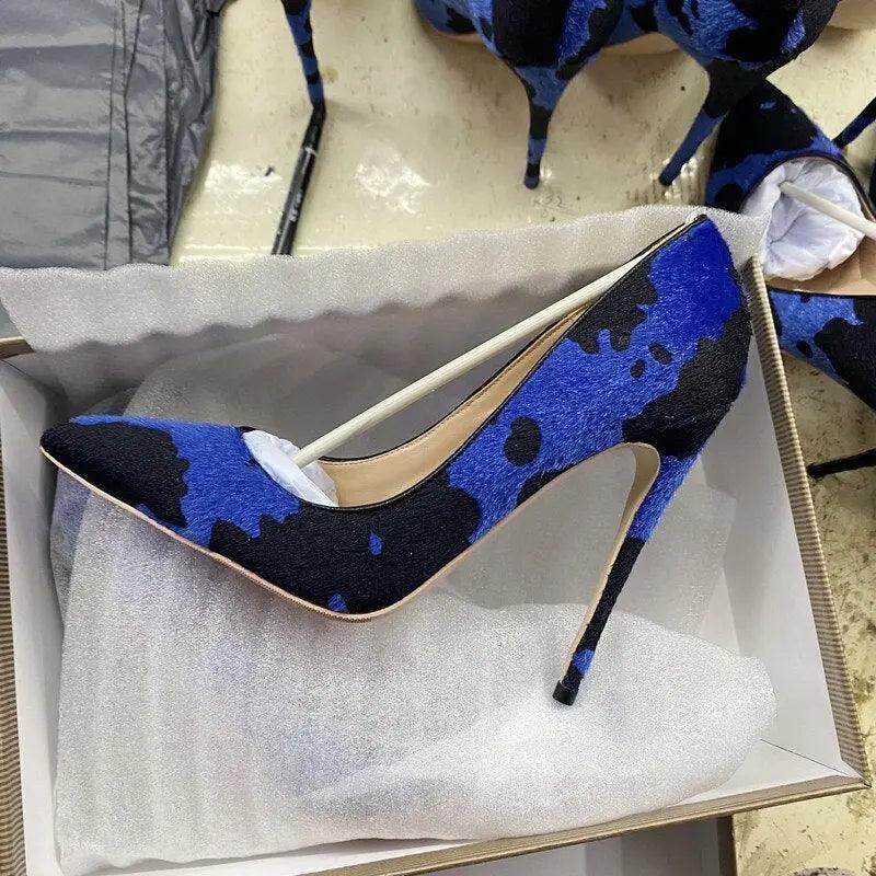 Tikicup Blue Cow Women Hairy Flock Pointy Toe High Heels eprolo