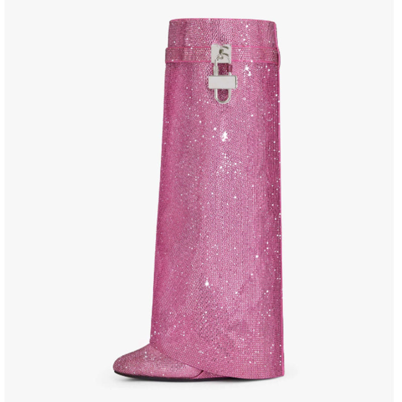 Pink Rhinestone Round Toe Wedge Knee-High Boots