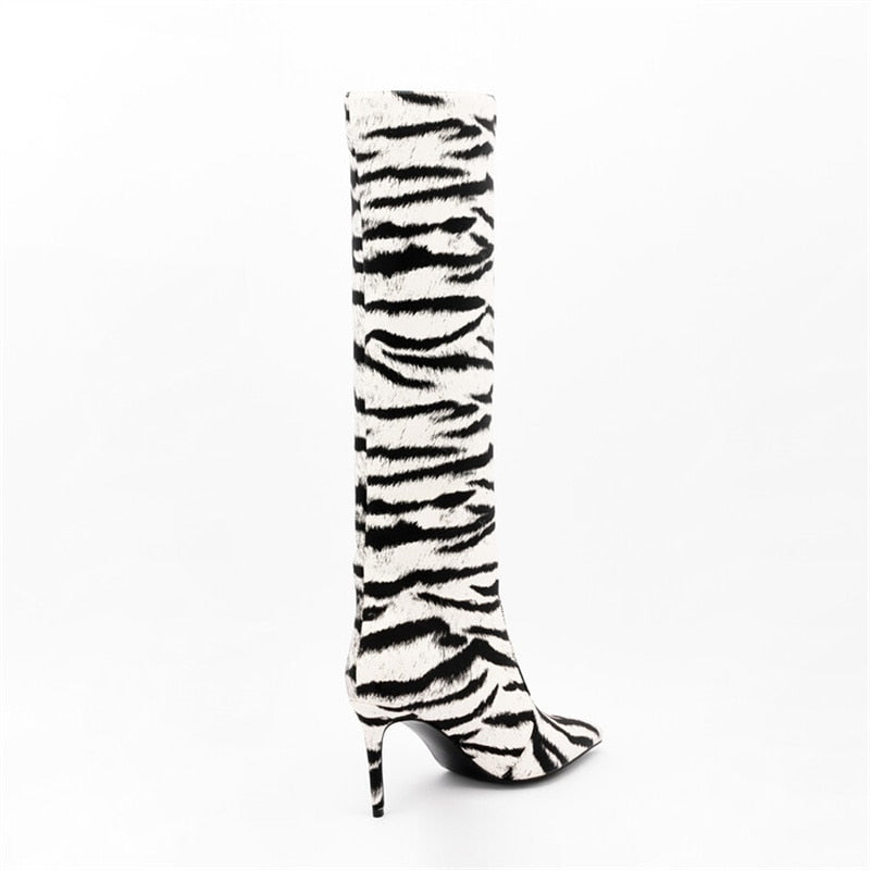 Tiger Print High Heel Pointed Toe Satin Stiletto Knee High Boots