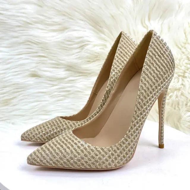 Plaid Glitter Gold Sequined Women Pointy Toe High Heels eprolo