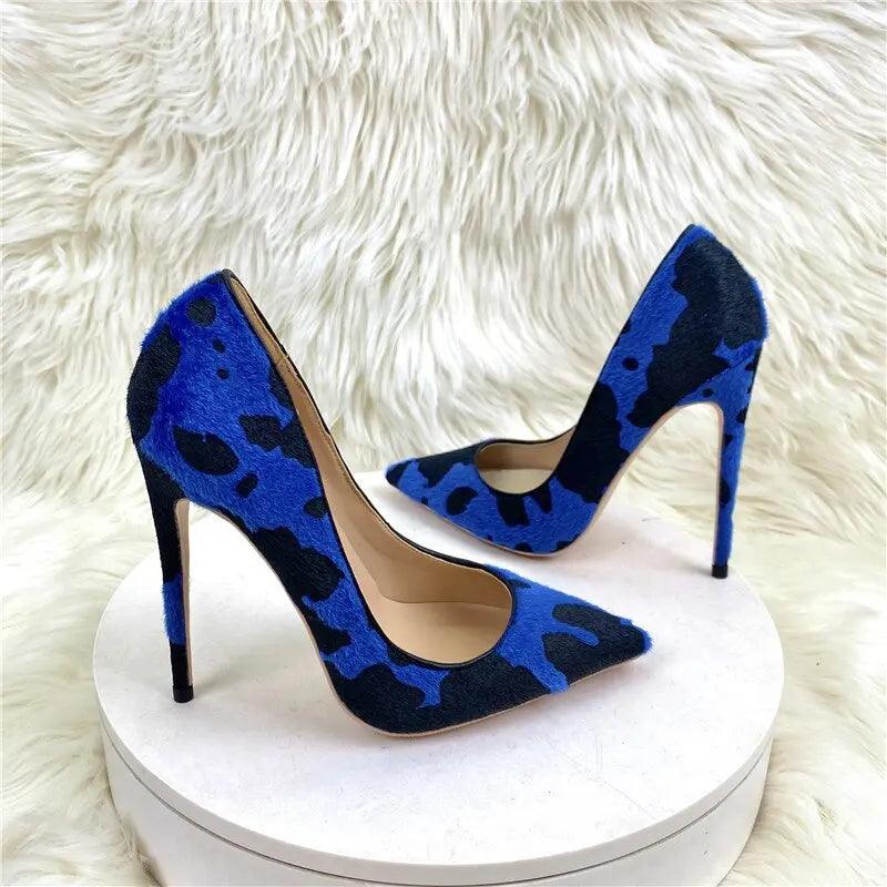 Tikicup Blue Cow Women Hairy Flock Pointy Toe High Heels eprolo