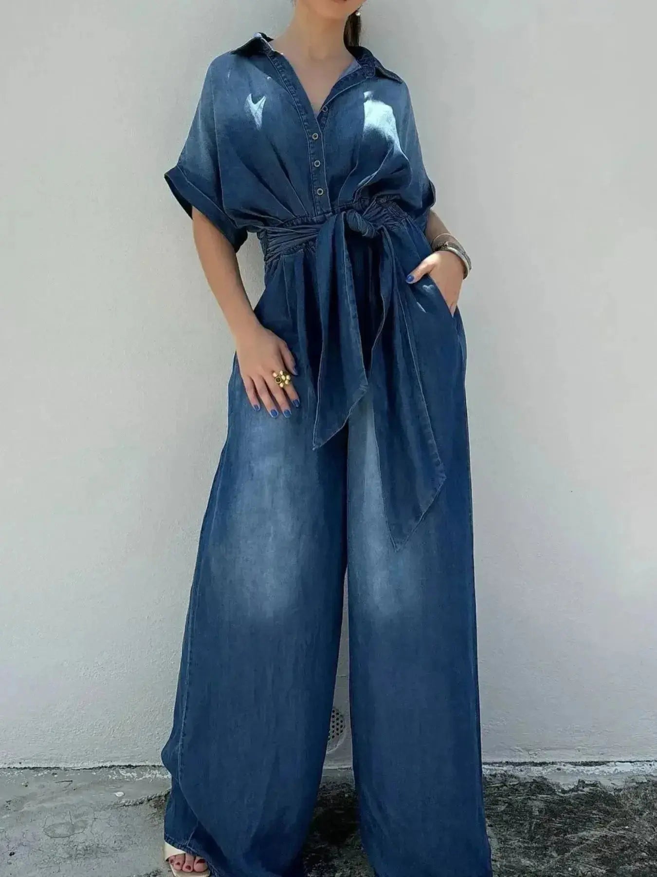 Button Front Wide Leg Denim Jumpsuit - DaisyDrop 