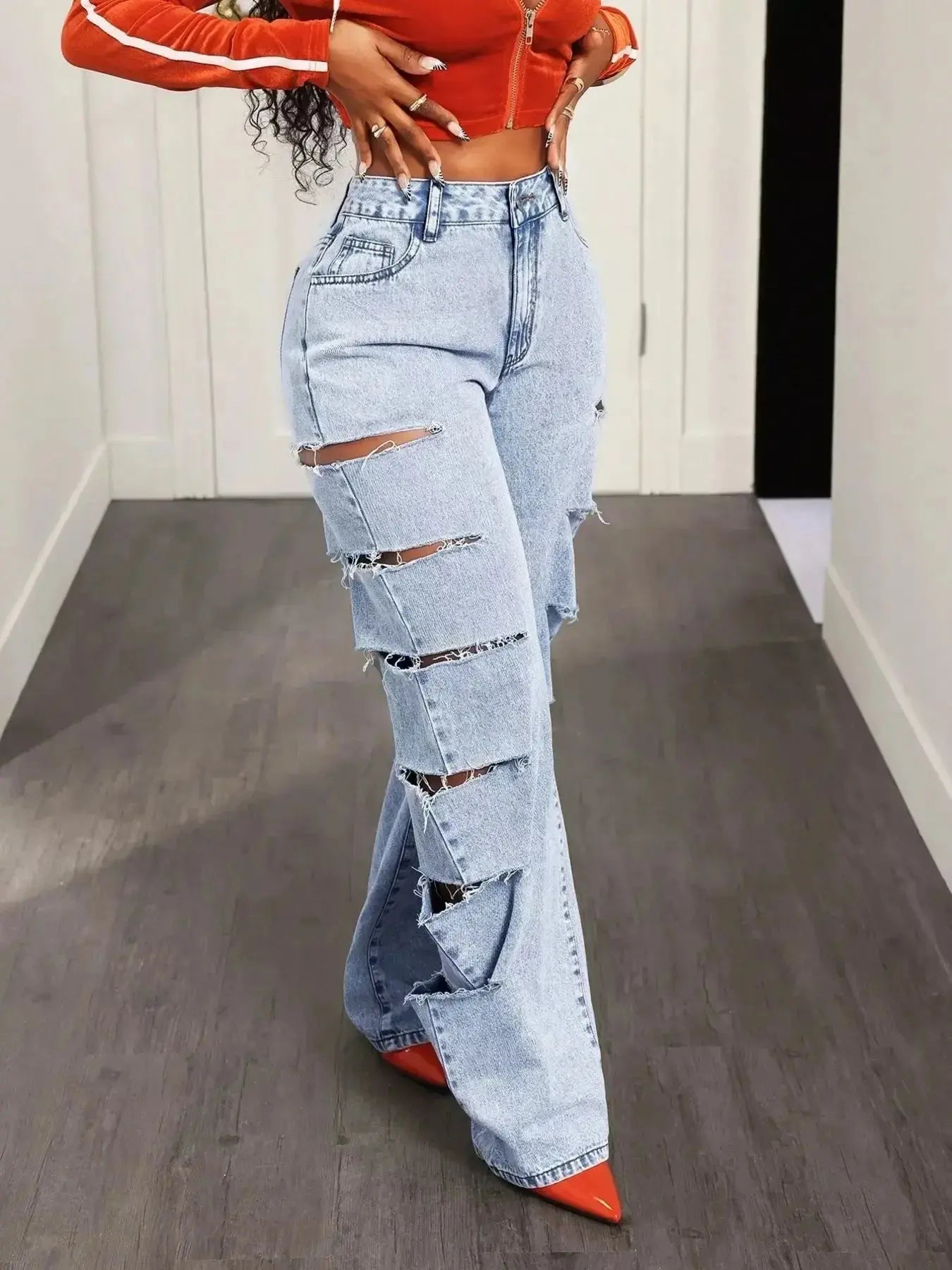 Distressed Wide Leg Jeans - DaisyDrop 