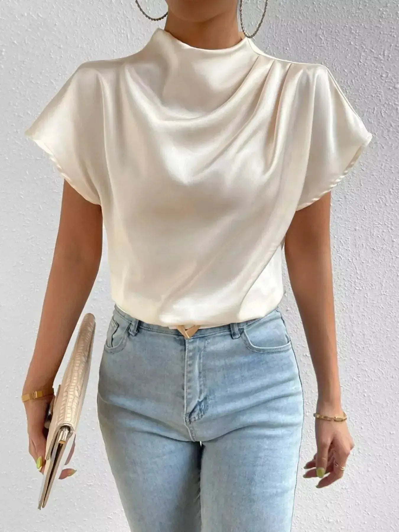 Mock Neck Satin Blouse - DaisyDrop 