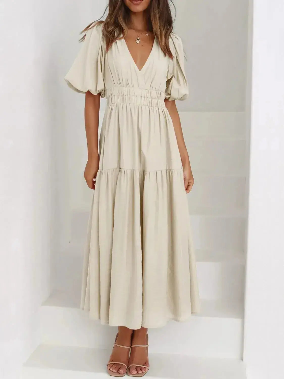 V-Neck Puff Sleeve Midi Dress - DaisyDrop 