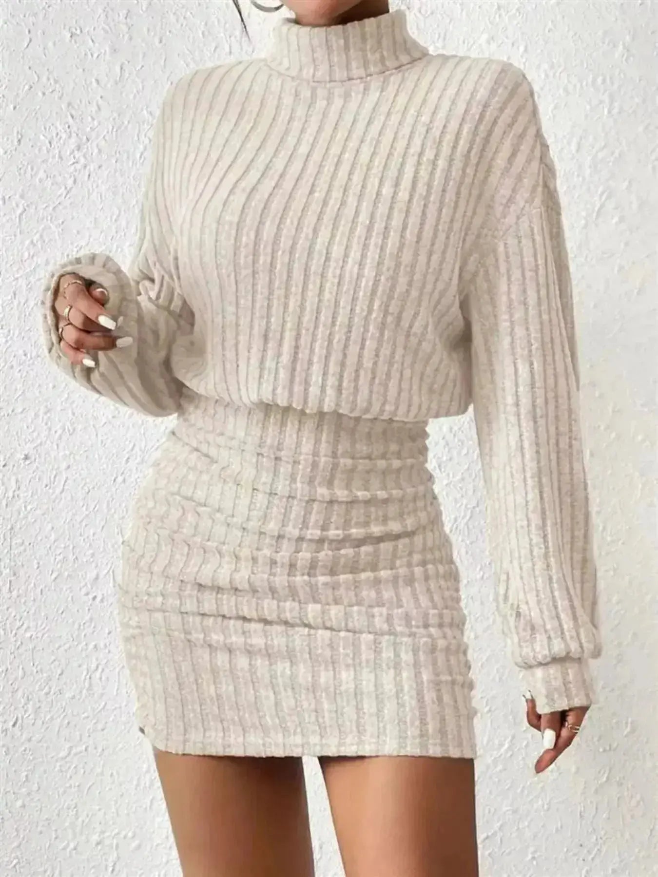 Ribbed Knit Turtleneck Bodycon Mini Dress - DaisyDrop 