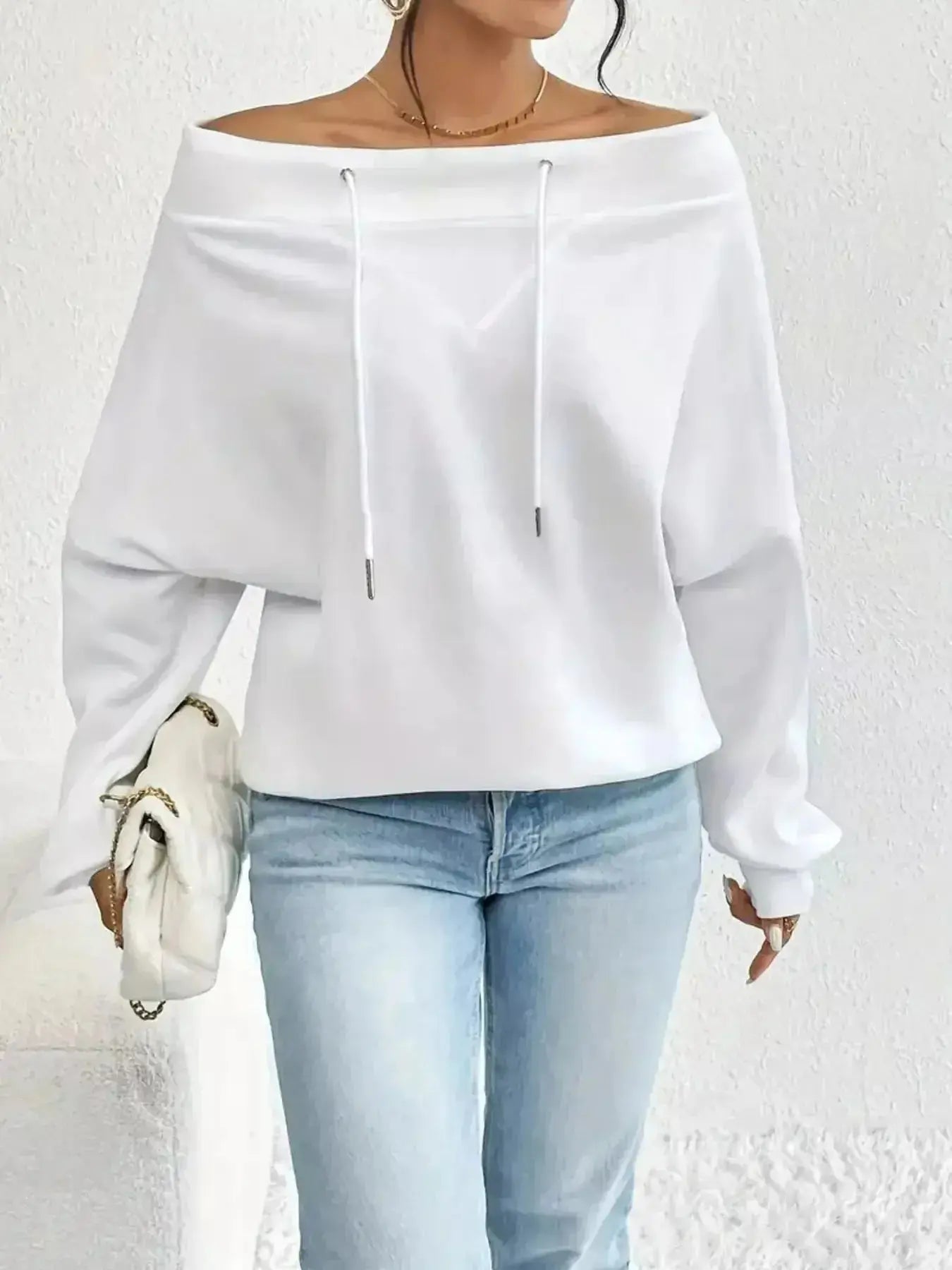 Full Size Off-Shoulder Drawstring Long Sleeve Top Plus Size - DaisyDrop 