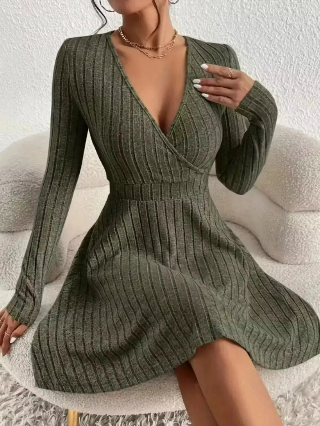 Ribbed Knit Wrap Mini Dress - DaisyDrop 