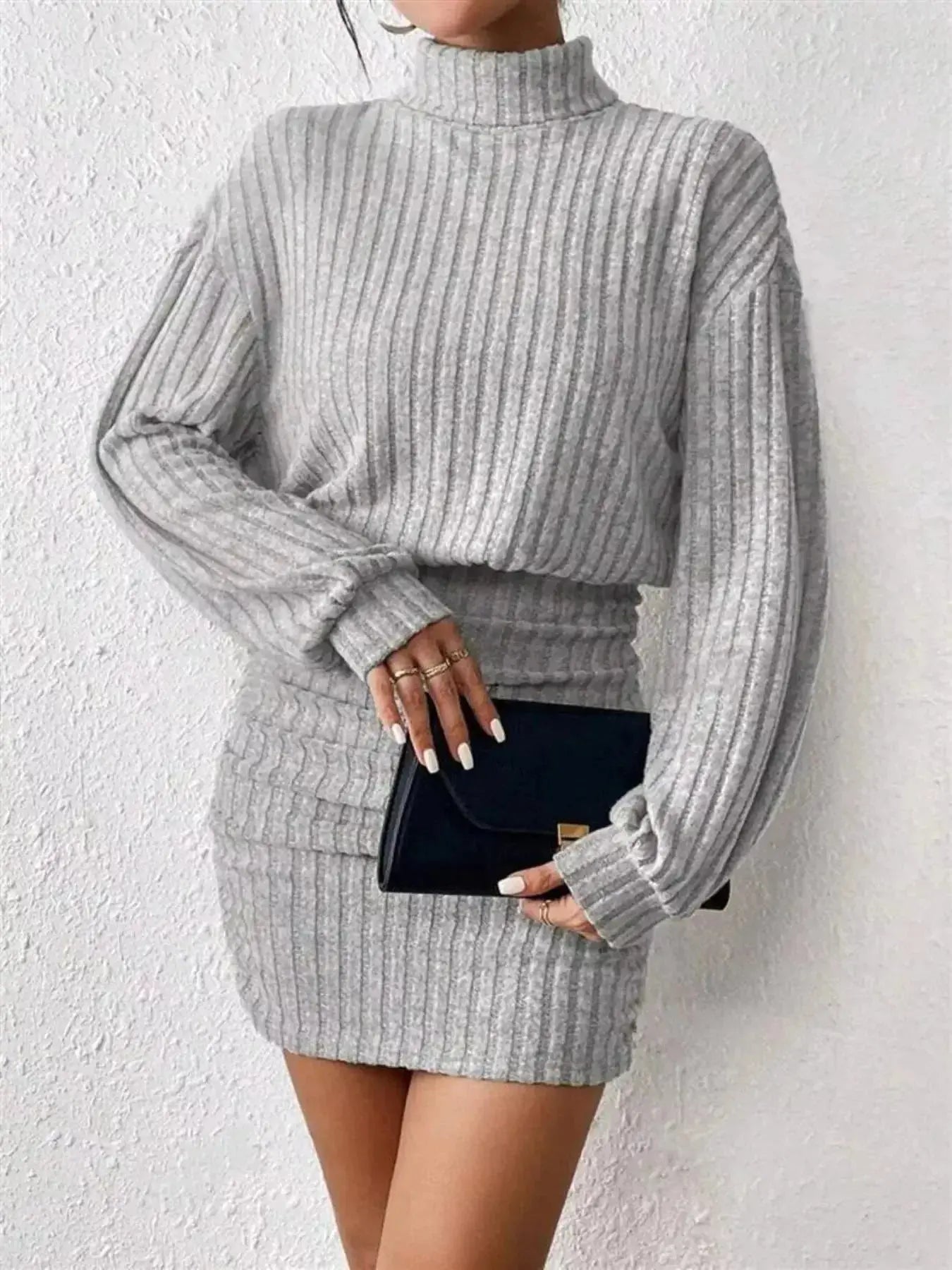 Ribbed Knit Turtleneck Bodycon Mini Dress - DaisyDrop 