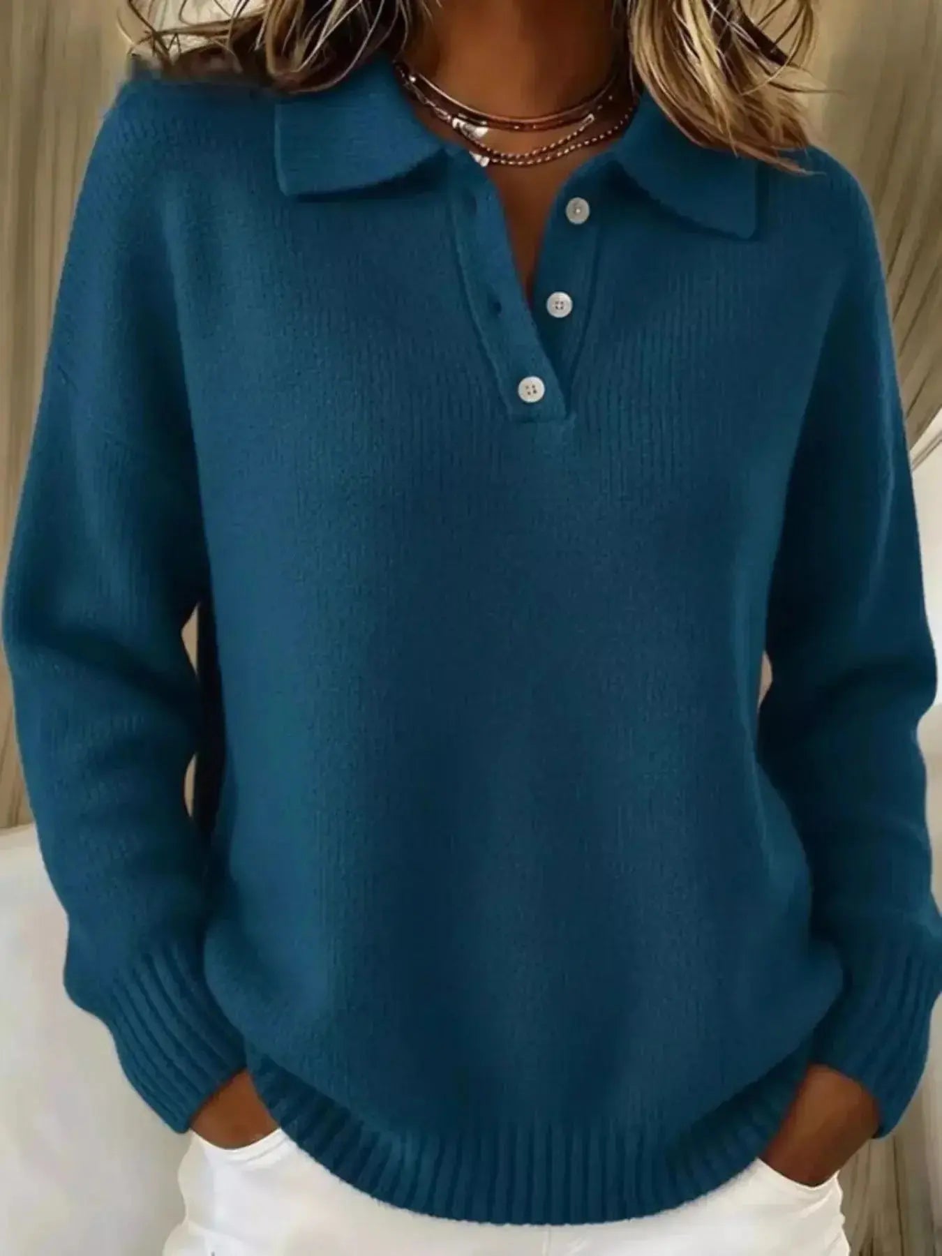 Full Size Half Button Collar Drop Shoulder Sweater Plus Size - DaisyDrop 