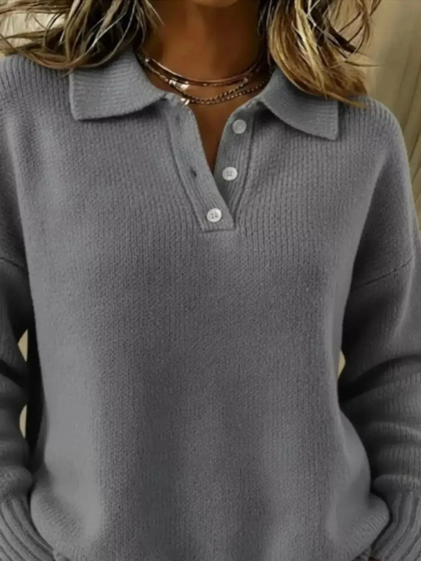 Full Size Half Button Collar Drop Shoulder Sweater Plus Size - DaisyDrop 