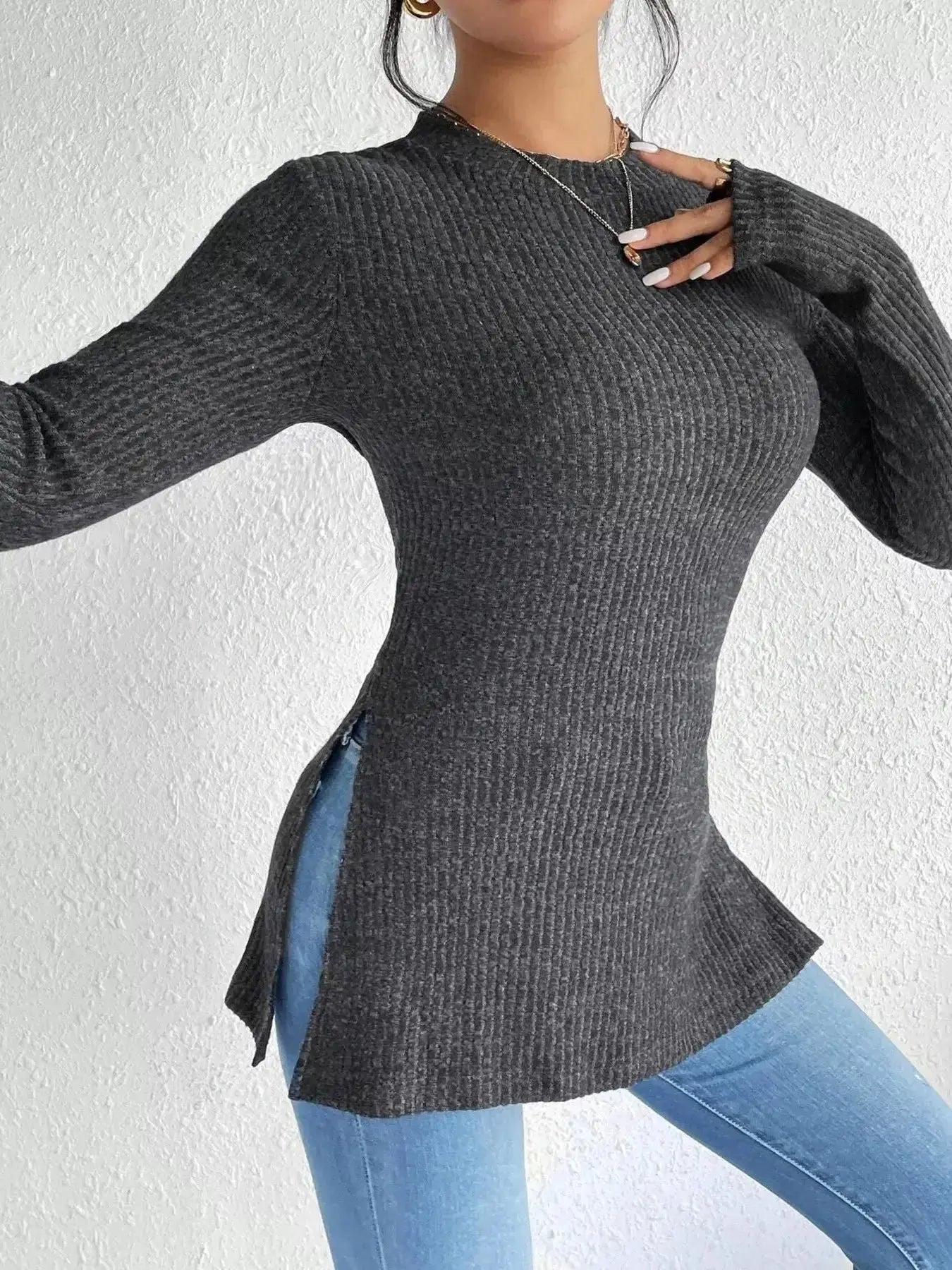 Slit Round Neck Long Sleeve T-Shirt - DaisyDrop 