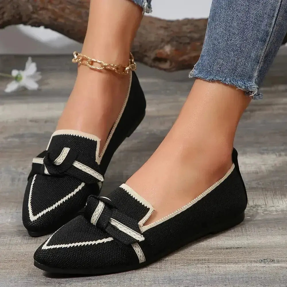 Bow Contrast Trim Point Toe Loafers - DaisyDrop 