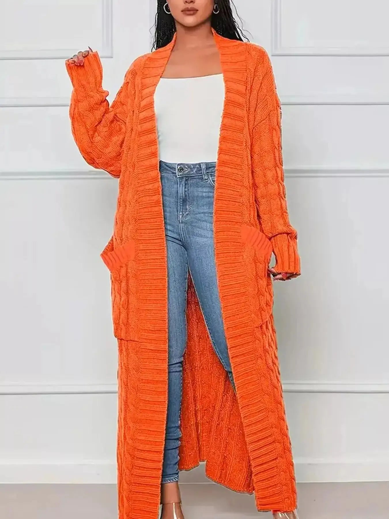 Cable Knit Longline Sweater Cardigan with Pockets - DaisyDrop 