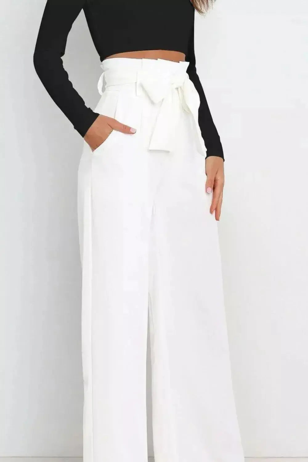 High Waist Tie Front Wide Leg Pants - DaisyDrop 