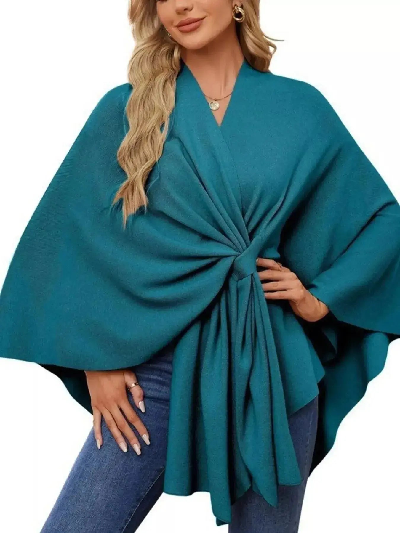 Solid Color Tie-Front Knit Cape Top - DaisyDrop 