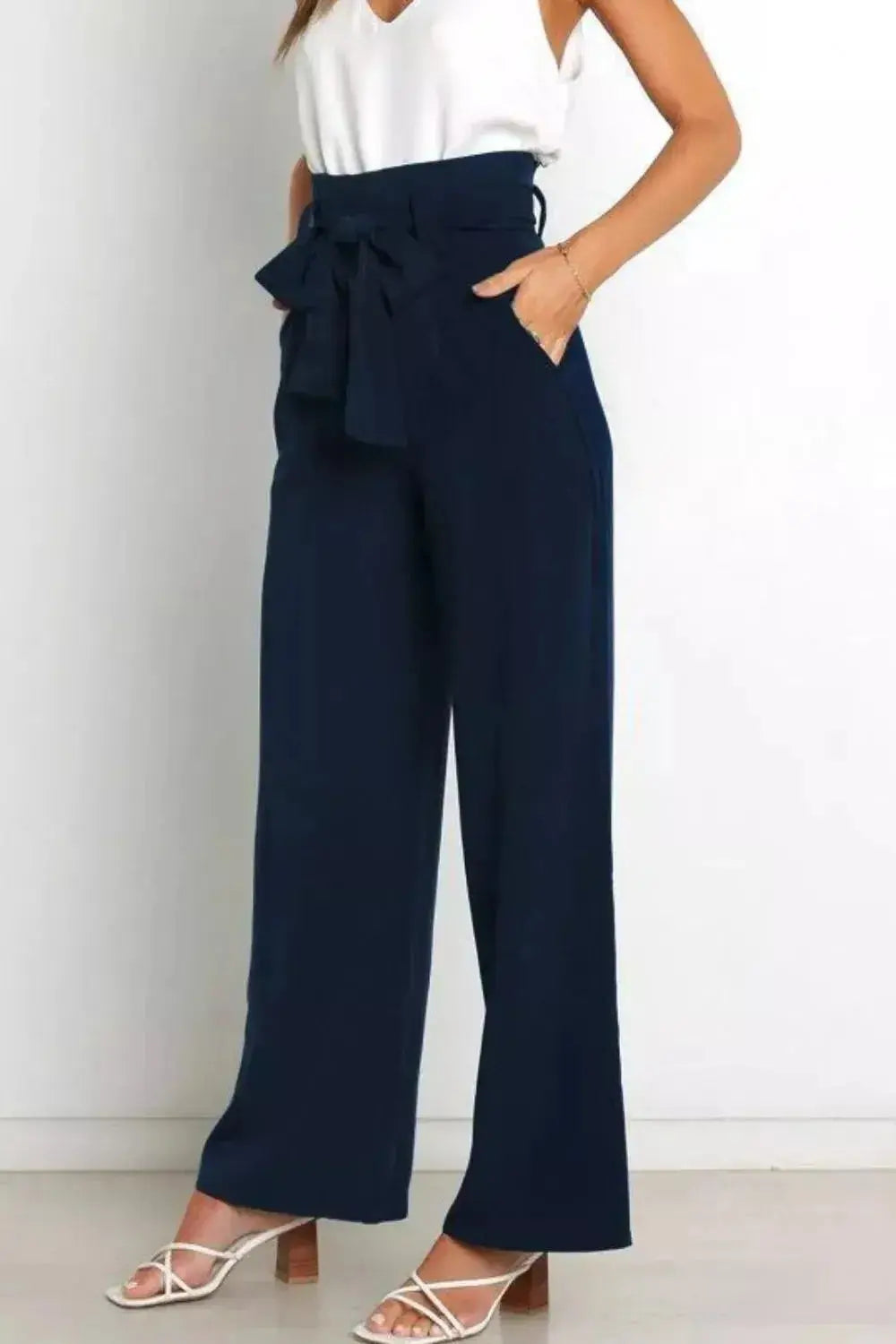 High Waist Tie Front Wide Leg Pants - DaisyDrop 