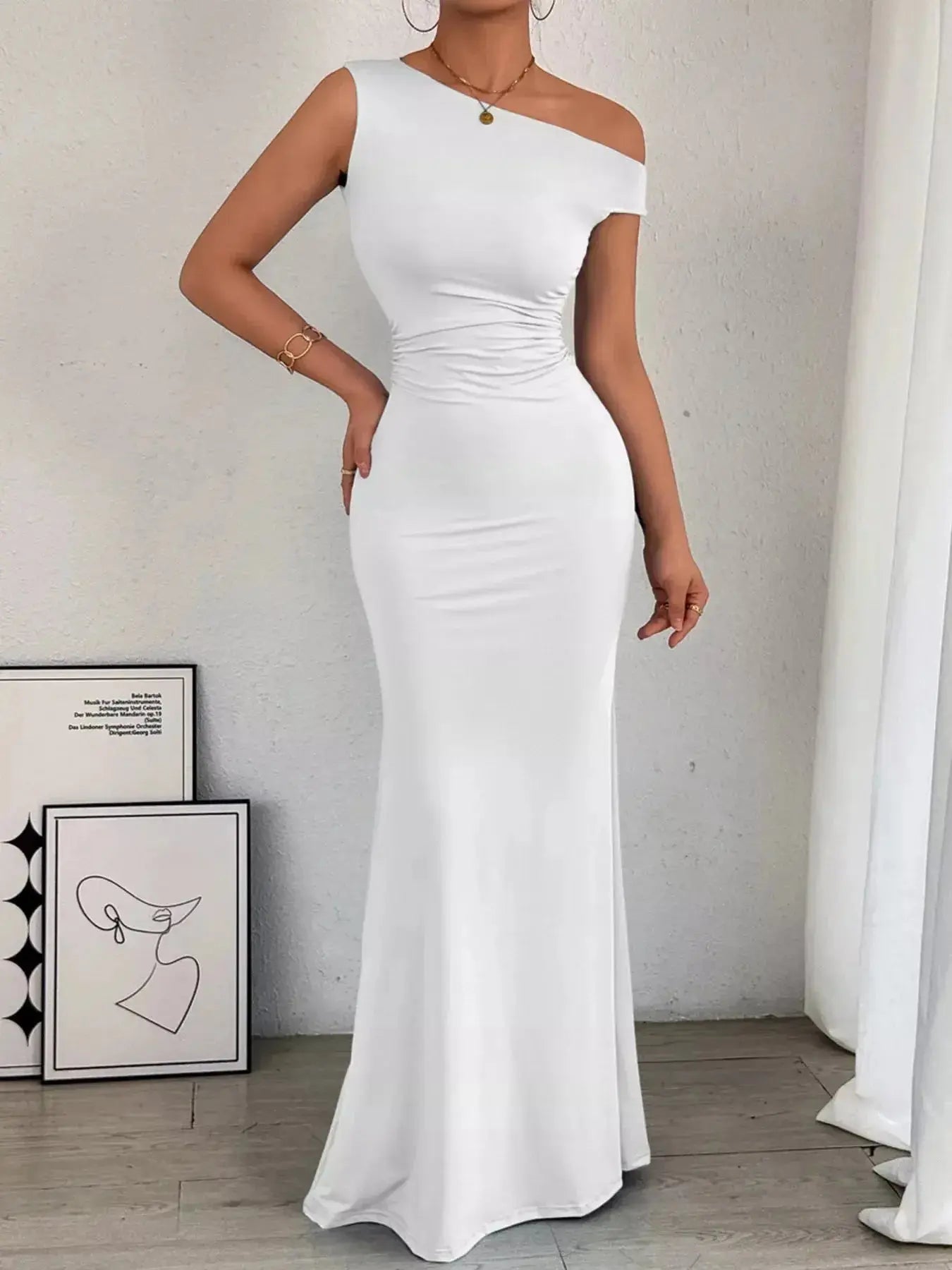 One-Shoulder Ruched Bodycon Maxi Dress - DaisyDrop 