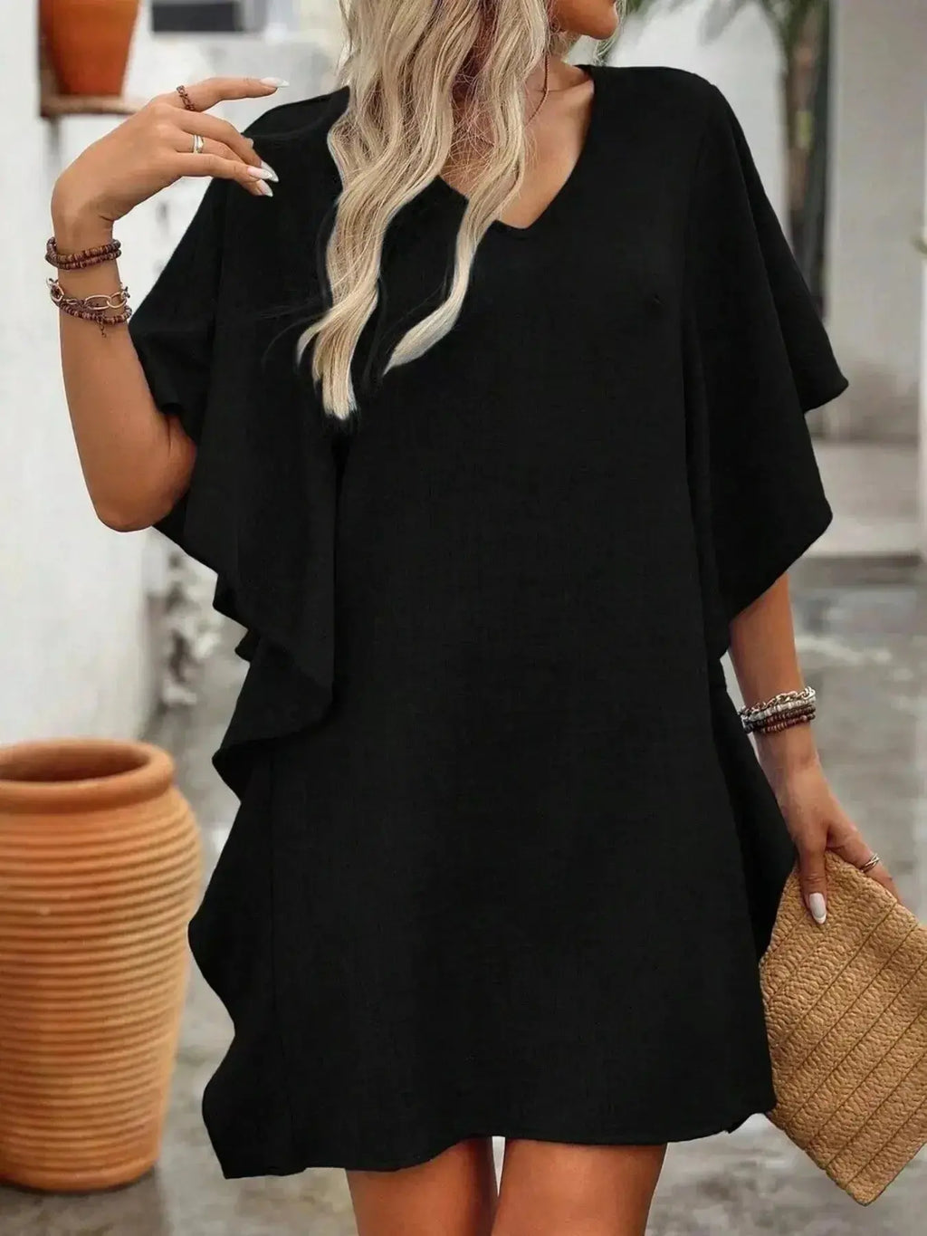 Ruffled Flutter Sleeve V-Neck Mini Dress - DaisyDrop 