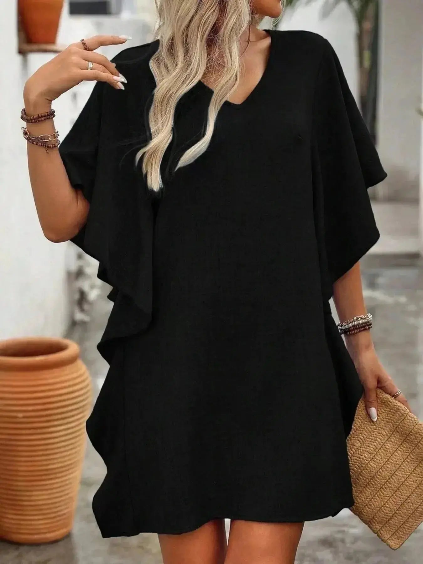 Ruffled Flutter Sleeve V-Neck Mini Dress - DaisyDrop 