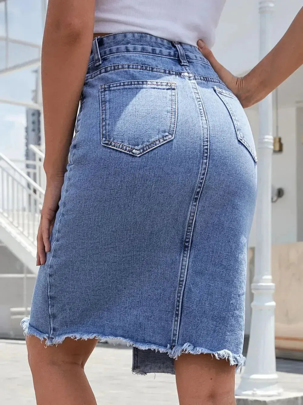 Raw Hem Slit Denim Skirt - DaisyDrop 
