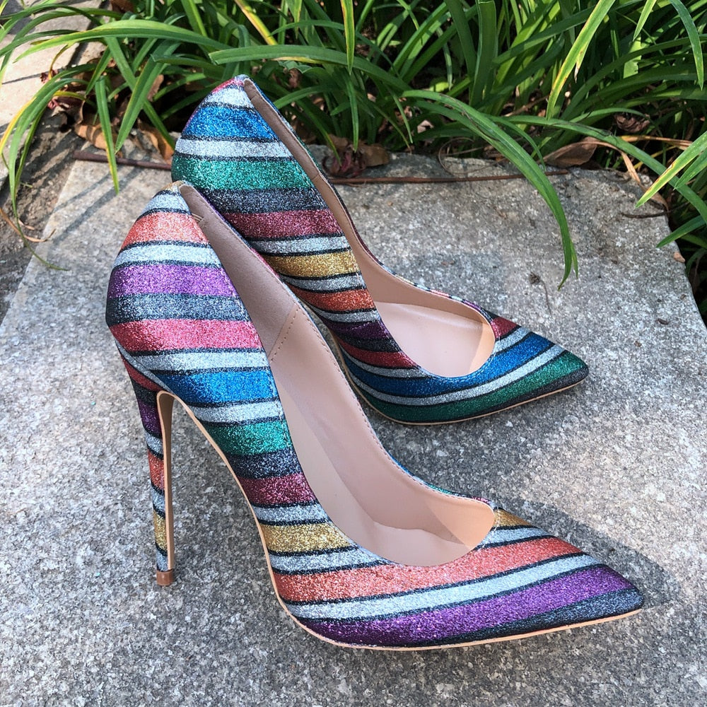 Tikicup Women Rainbow Iridescent High Heels Shiny Glitter Pointy Toe Stilettos
