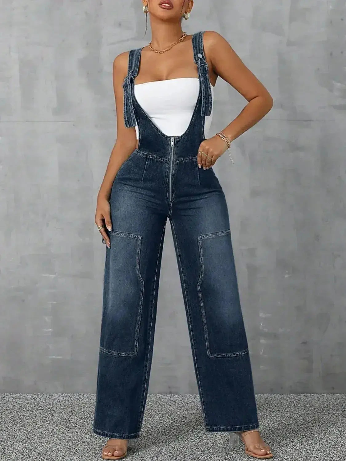 Zip Front Wide Strap Denim Overalls - DaisyDrop 