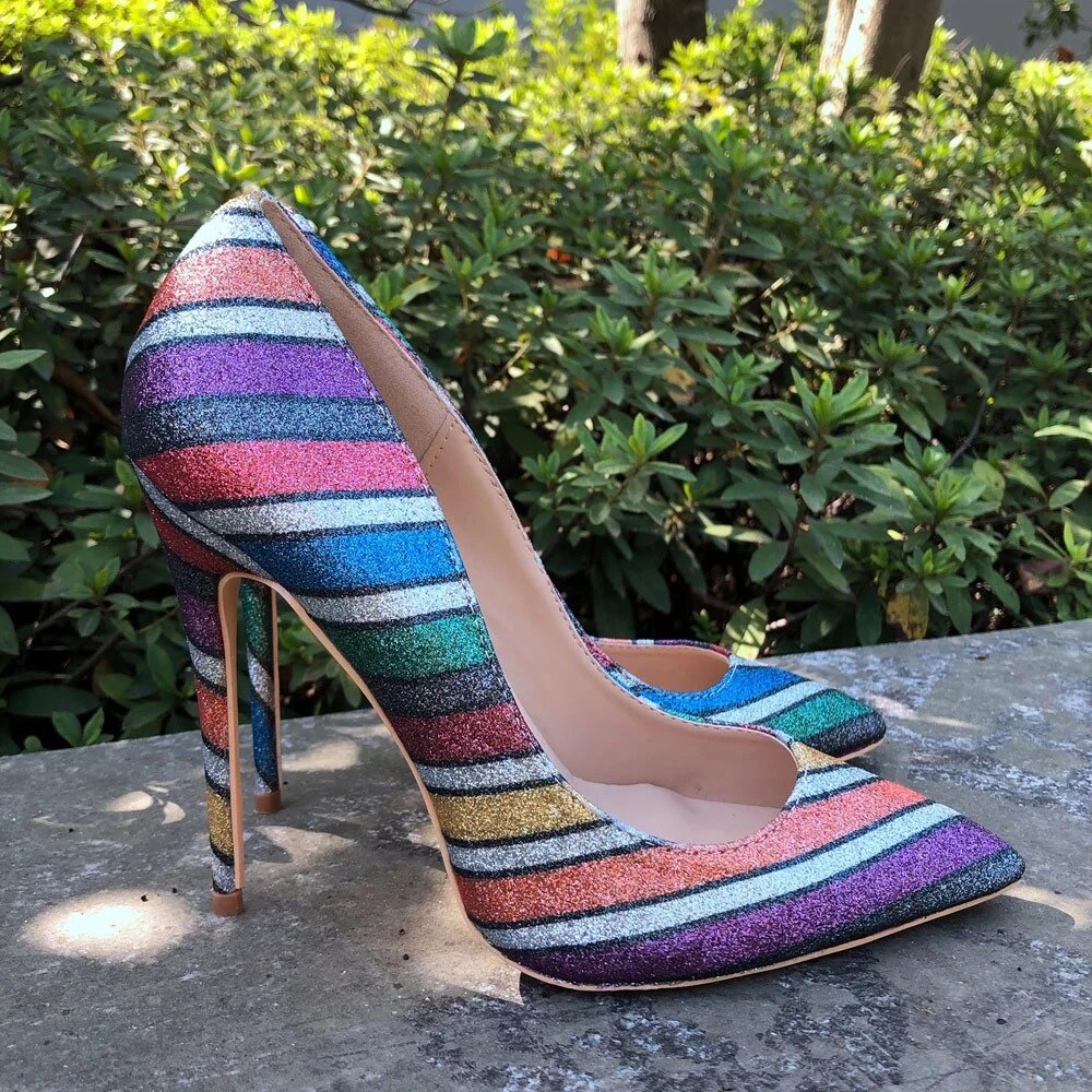 Tikicup Women Rainbow Iridescent High Heels Shiny Glitter Pointy Toe Stilettos
