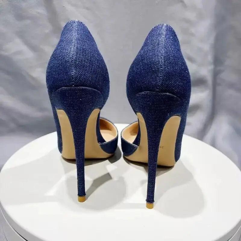Women Navy Blue Denim Fabric Sexy  Pointy Toe High Heels eprolo