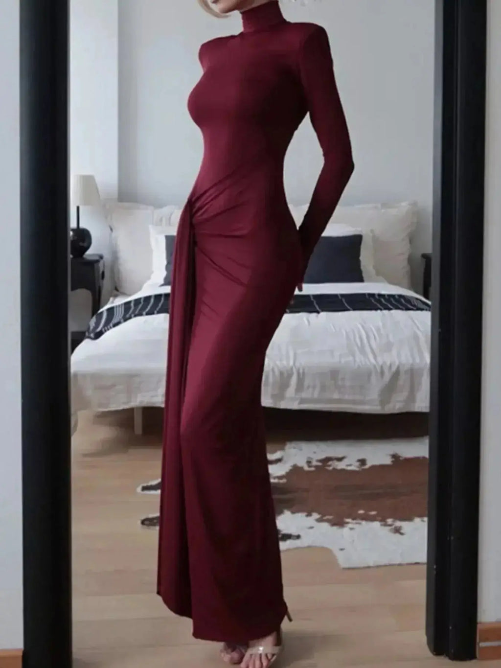Turtleneck Long Sleeve Slit Maxi Dress - DaisyDrop 