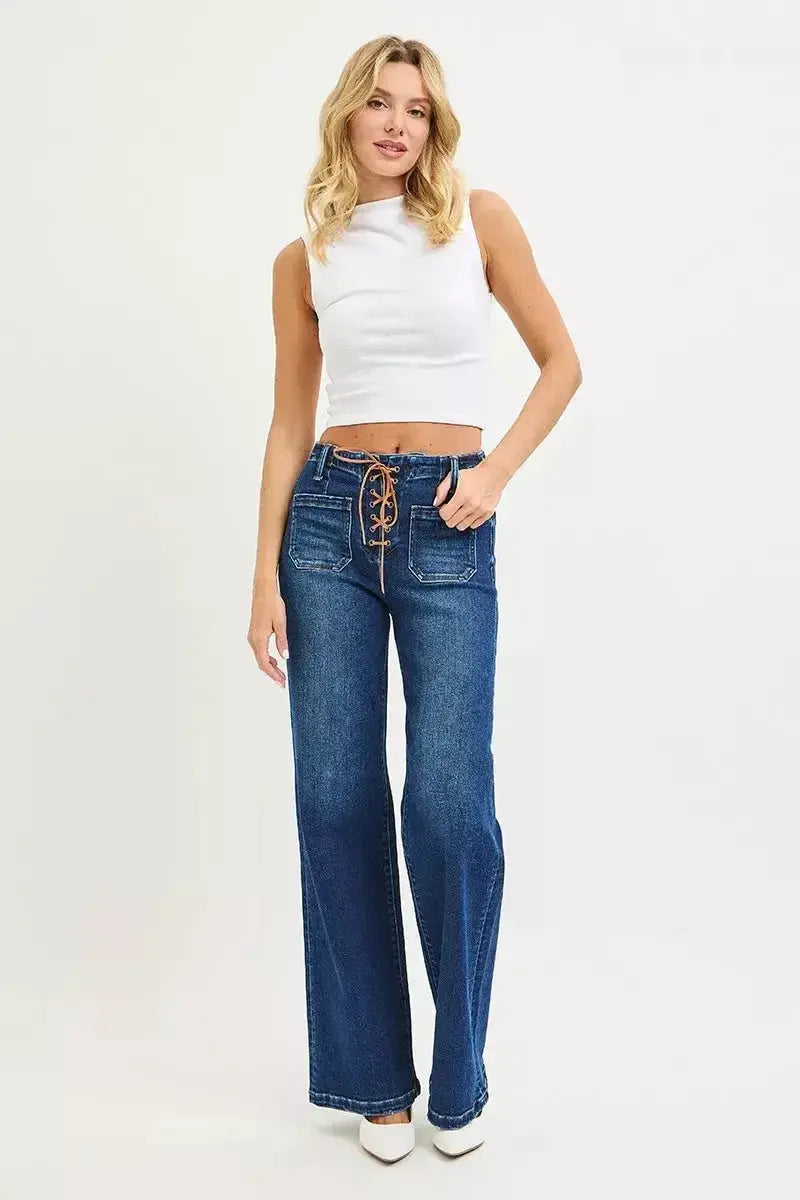 RISEN Full Size High Rise Wide Leg Jeans with Front Tie Detail Plus Size - DaisyDrop 