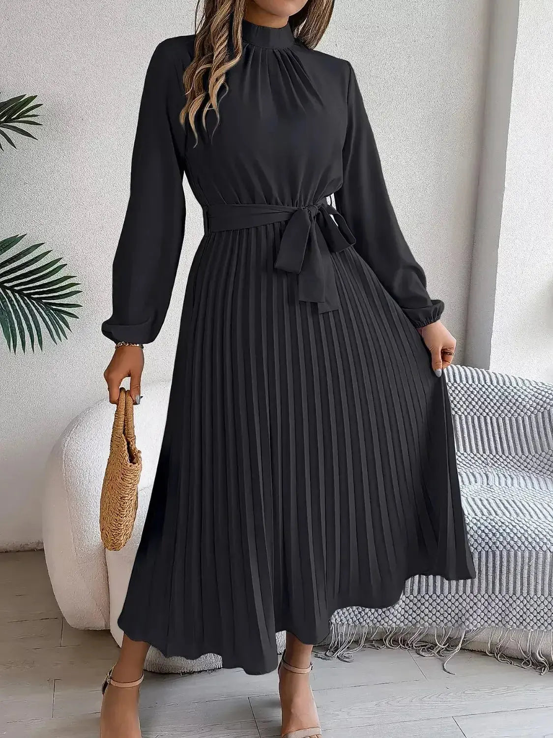 Mock Neck Pleated Midi Dress - DaisyDrop 
