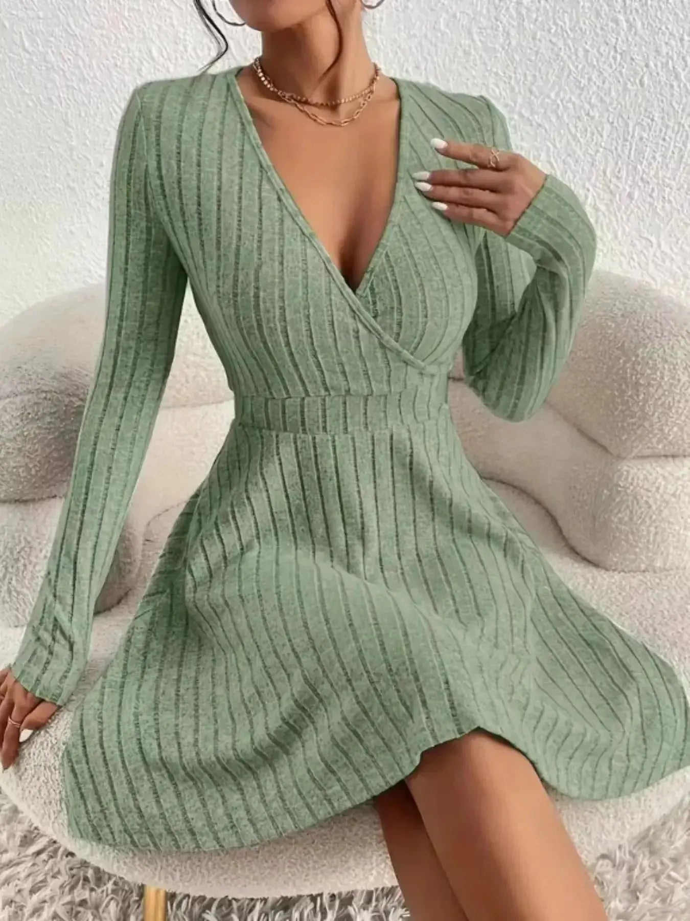 Ribbed Knit Wrap Mini Dress - DaisyDrop 