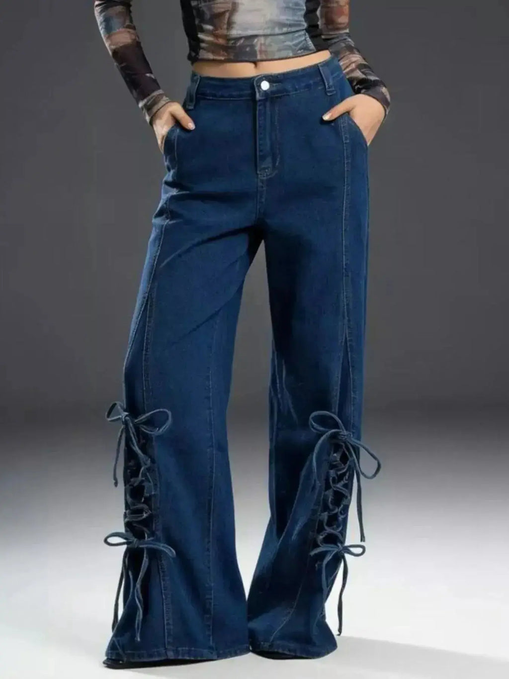 Lace-Up Wide Leg Jeans - DaisyDrop 