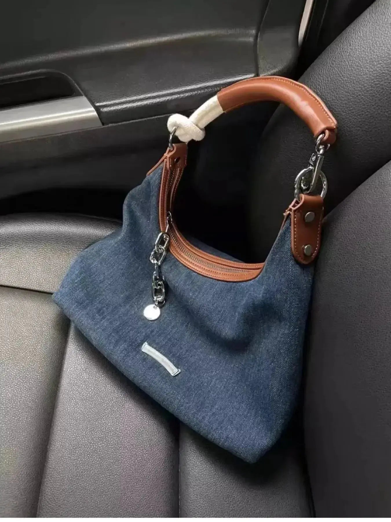 Denim Shoulder Bag with Leather Handle - DaisyDrop 