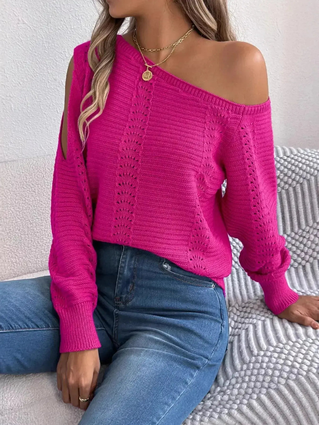 Openwork One Shoulder Cutout Long Sleeve Sweater - DaisyDrop 
