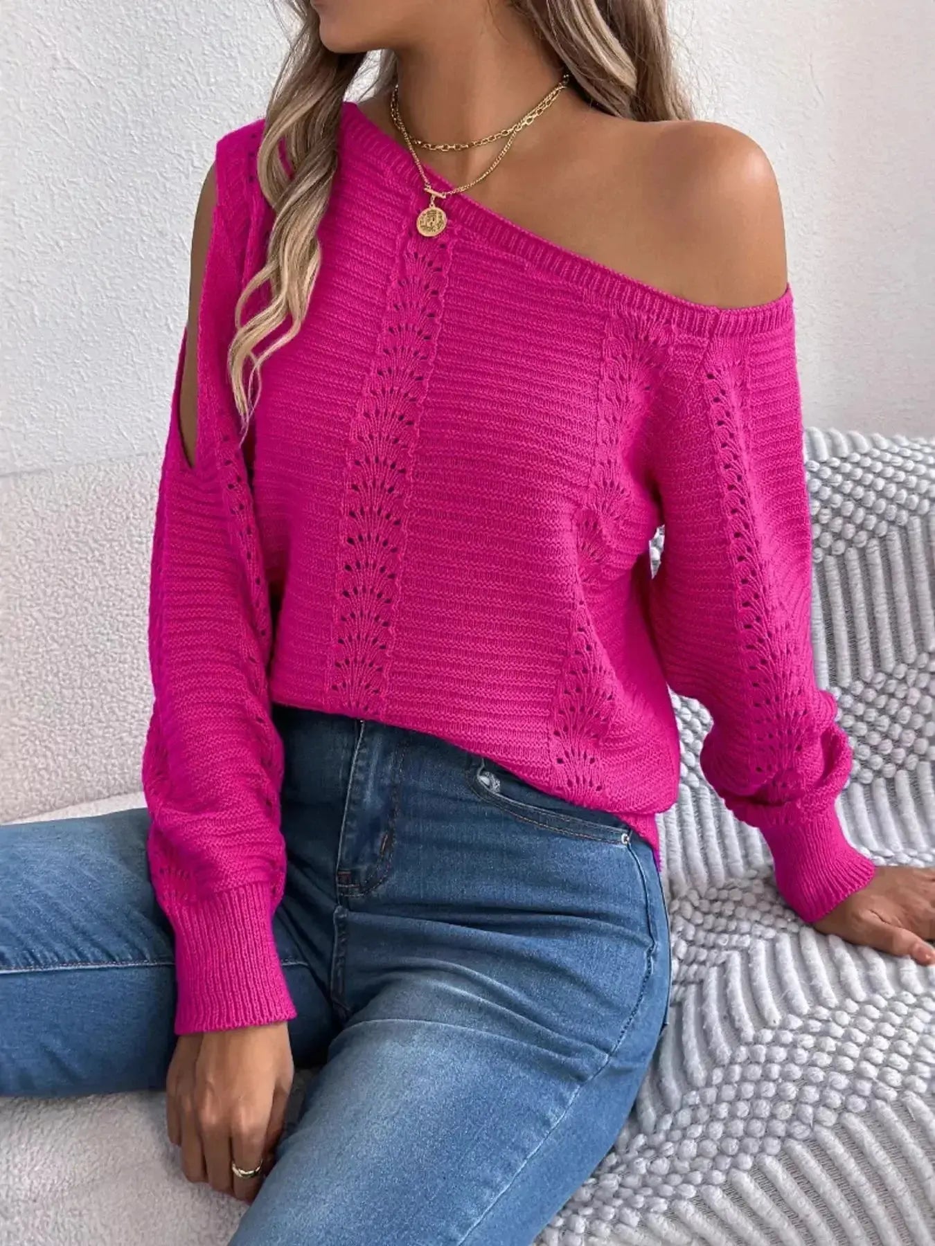 Openwork One Shoulder Cutout Long Sleeve Sweater - DaisyDrop 