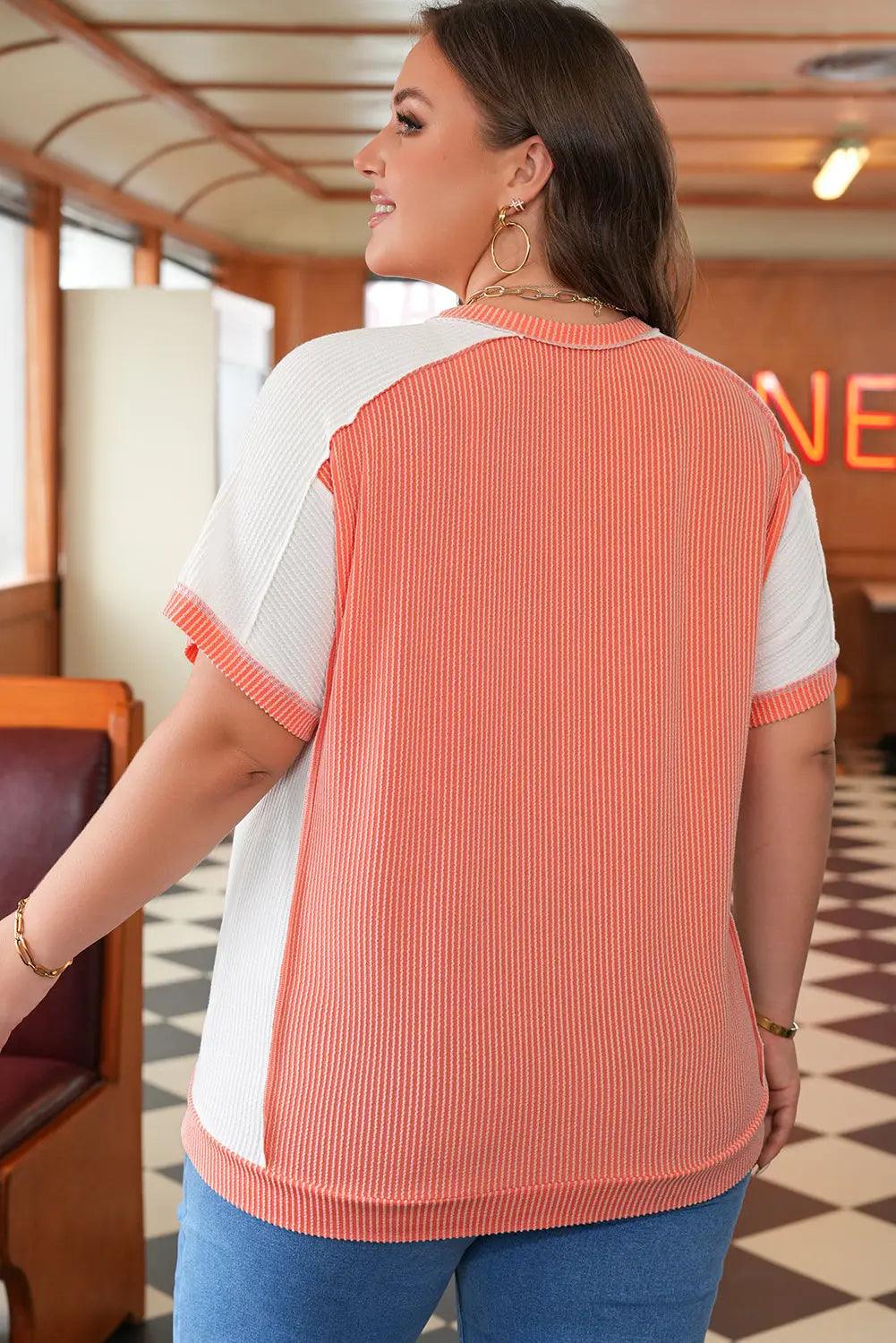 Khloe  Plus Size Rib Color block Short Sleeve Top Threaded Pear