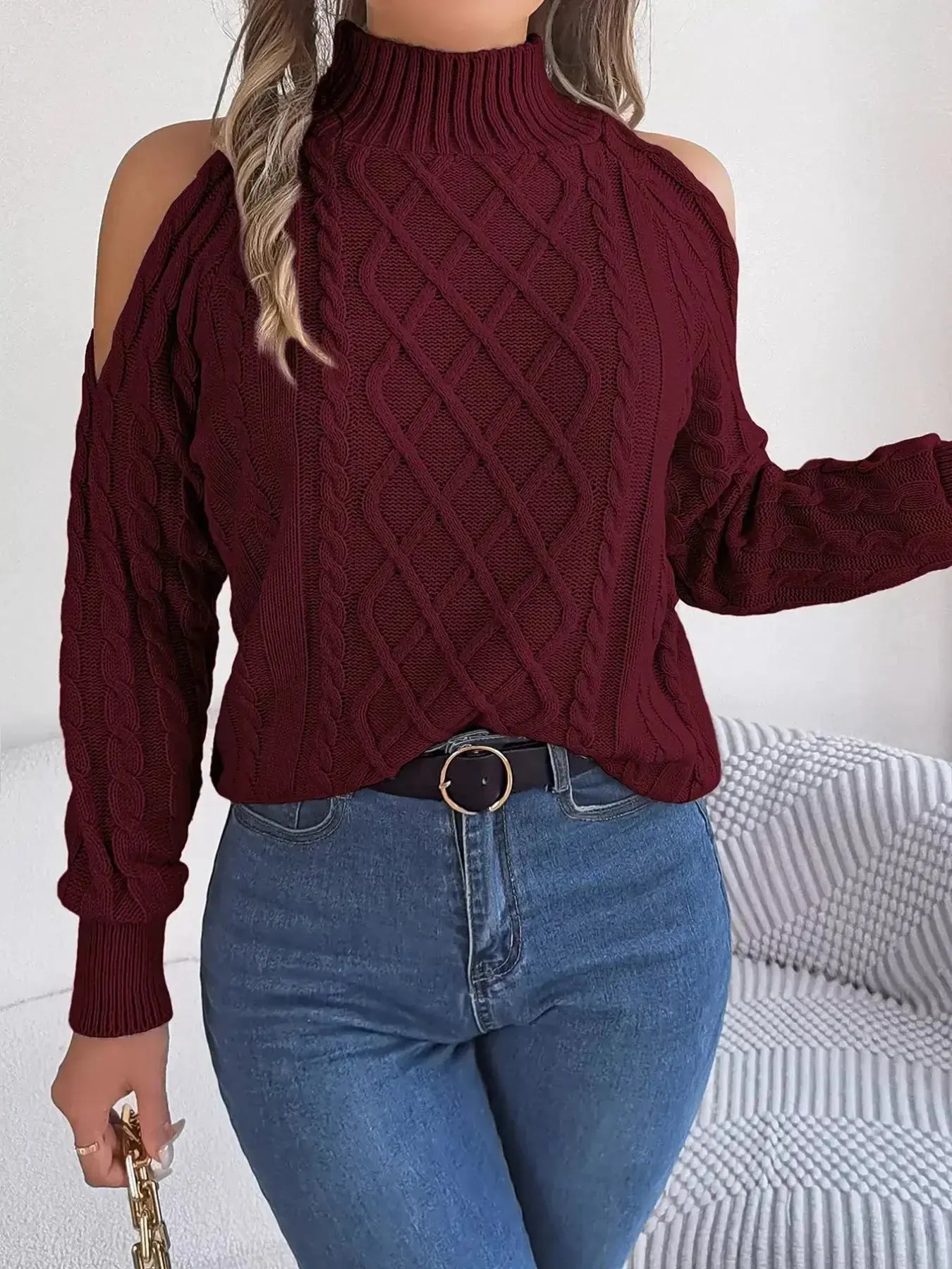 Cable Knit Cold Shoulder Turtleneck Sweater - DaisyDrop 