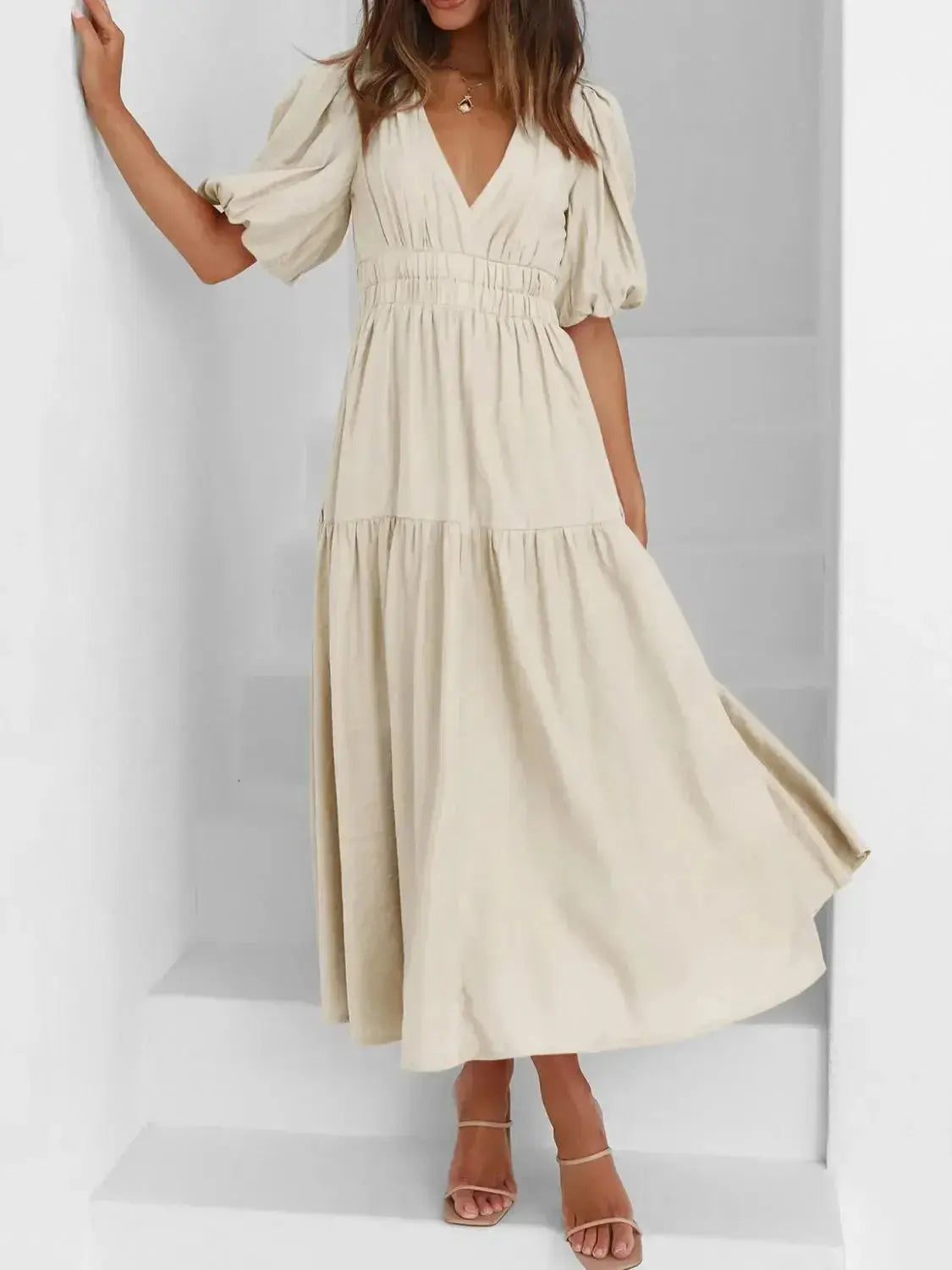 V-Neck Puff Sleeve Midi Dress - DaisyDrop 