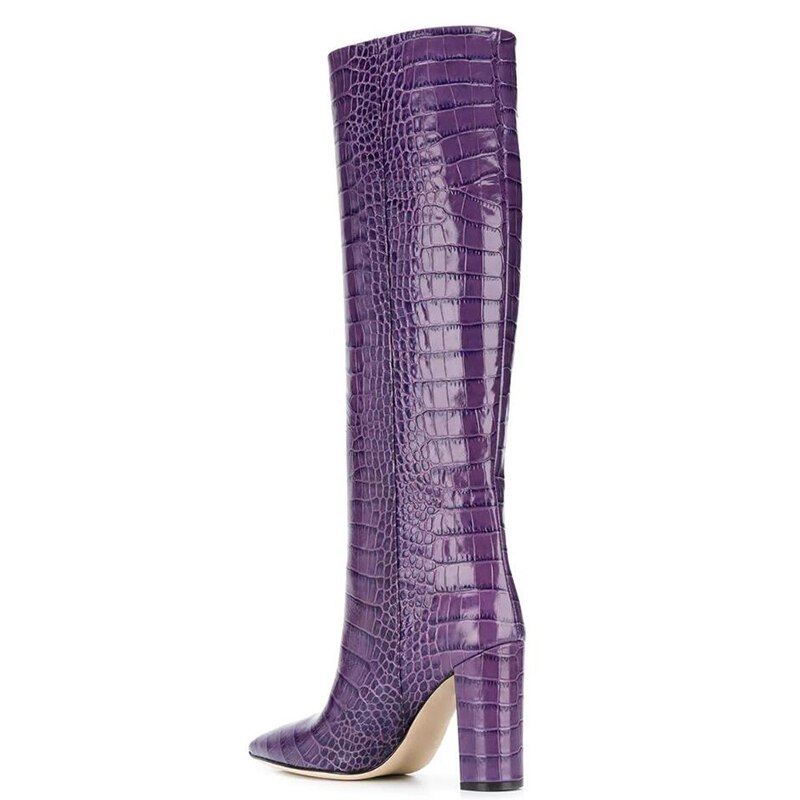 Women White Knee High Boots Crocodile Embossed Heel