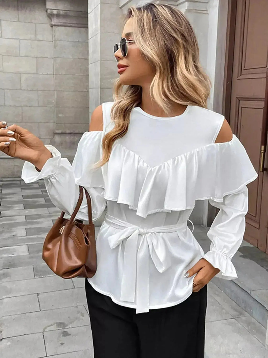 Cold Shoulder Ruffle Blouse - DaisyDrop 